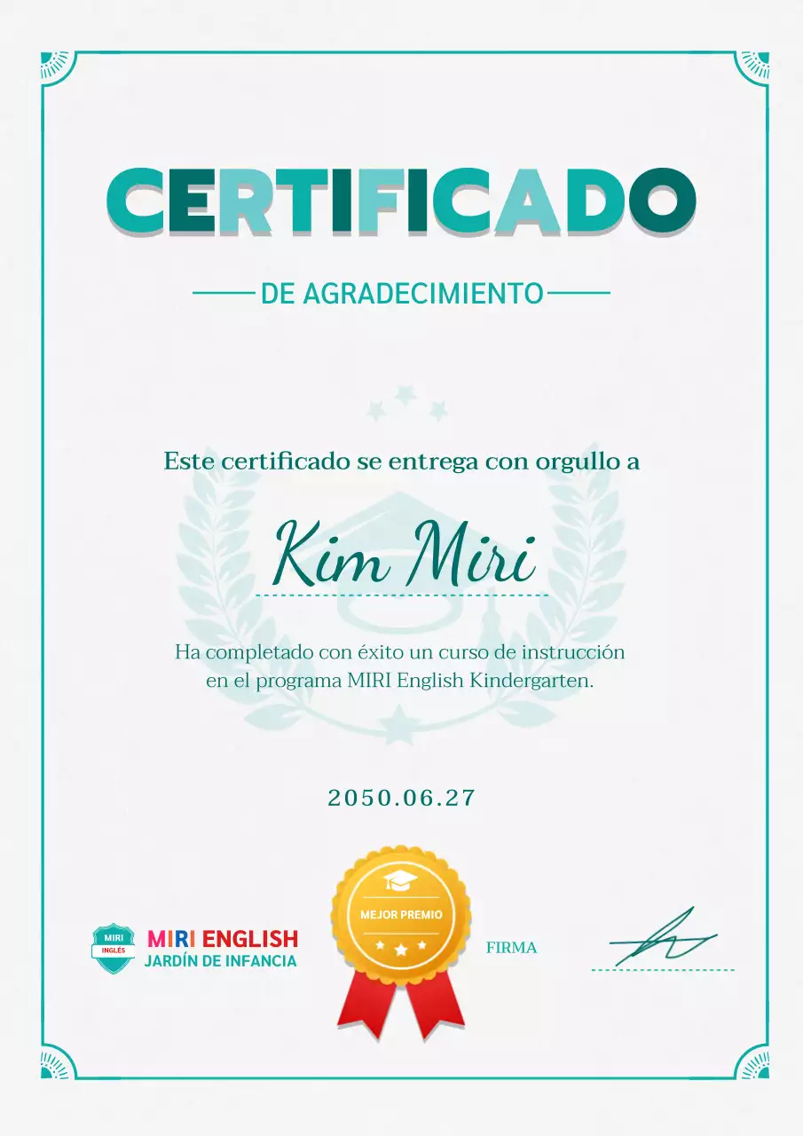 Certificado de jardín de infancia en inglés sencillo en menta