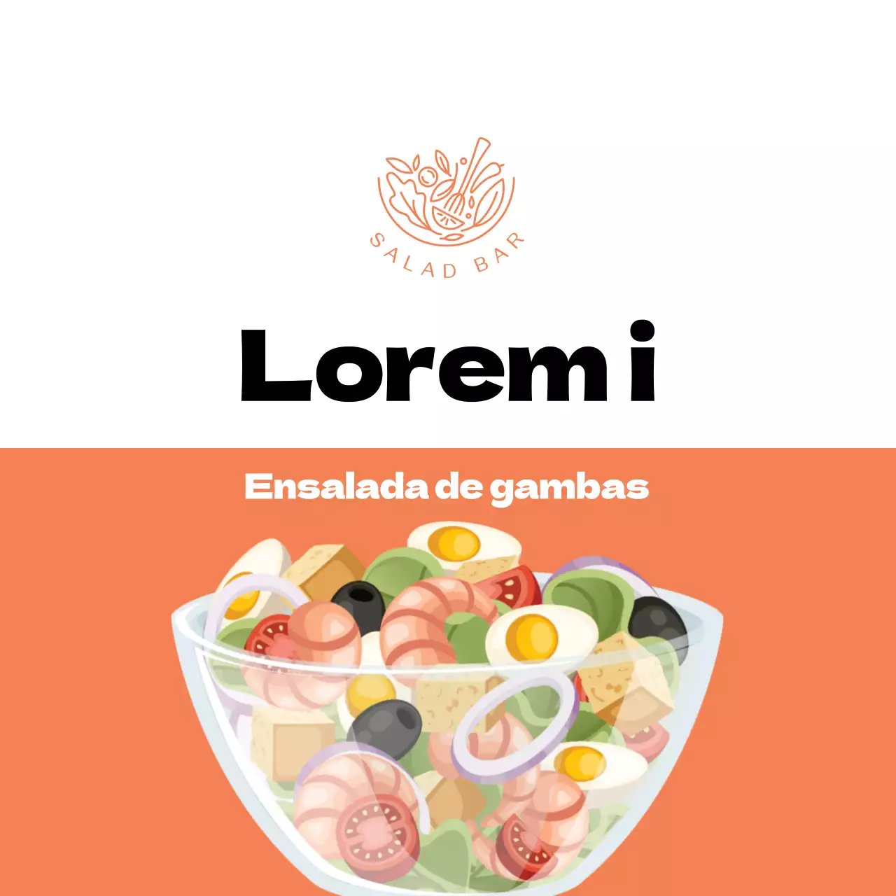 Etiqueta naranja ilustrada de ensalada de gambas