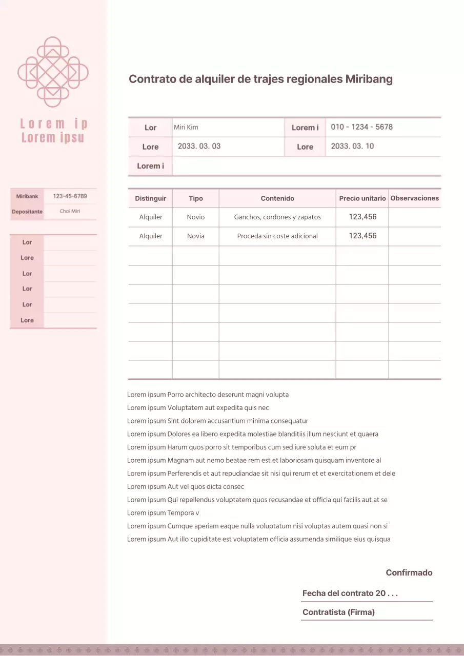Modelo de contrato de alquiler de hanbok tradicional rosa pastel