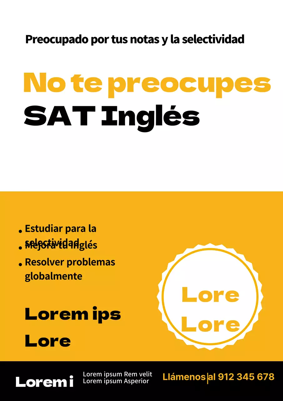 Sencillo folleto amarillo y negro para una escuela de inglés