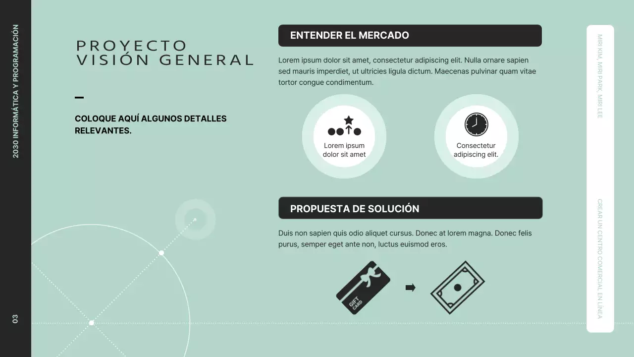 Presente una visión limpia del proyecto con gráficos en negro y menta