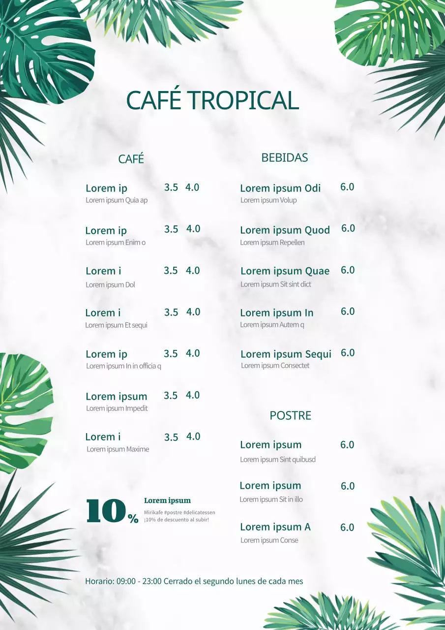 Cartas de bebidas de cafeterías con ilustraciones tropicales