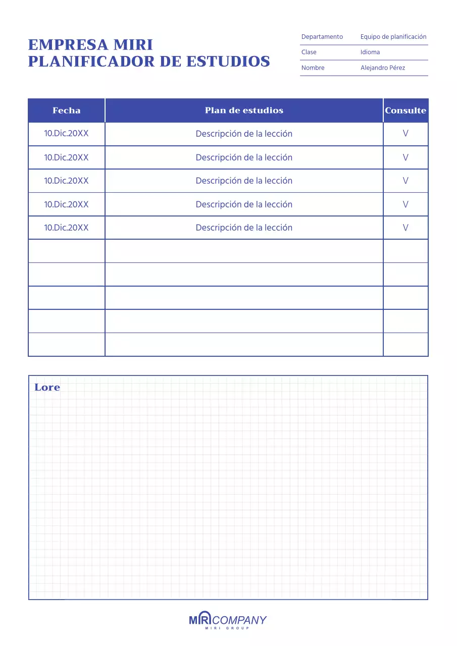 Un planificador de estudios limpio y azul