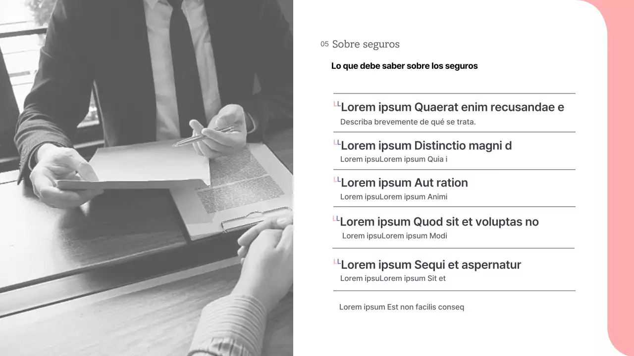 Presentación de teorías y ejemplos de tonos rosas y grises de los seguros privados y sus perspectivas