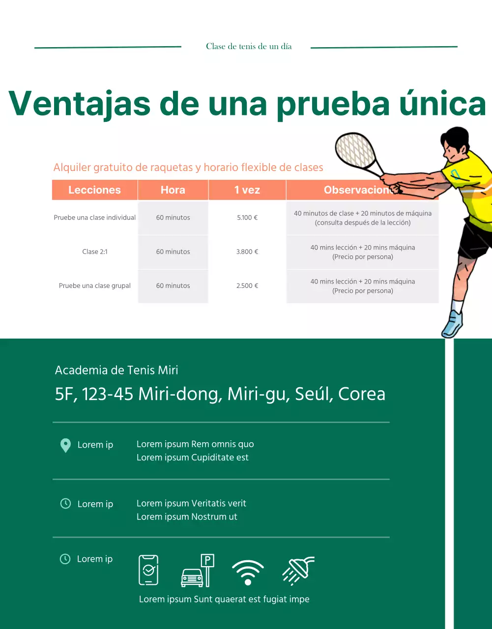 Detalles del abono verde de un día para el tenis moderno