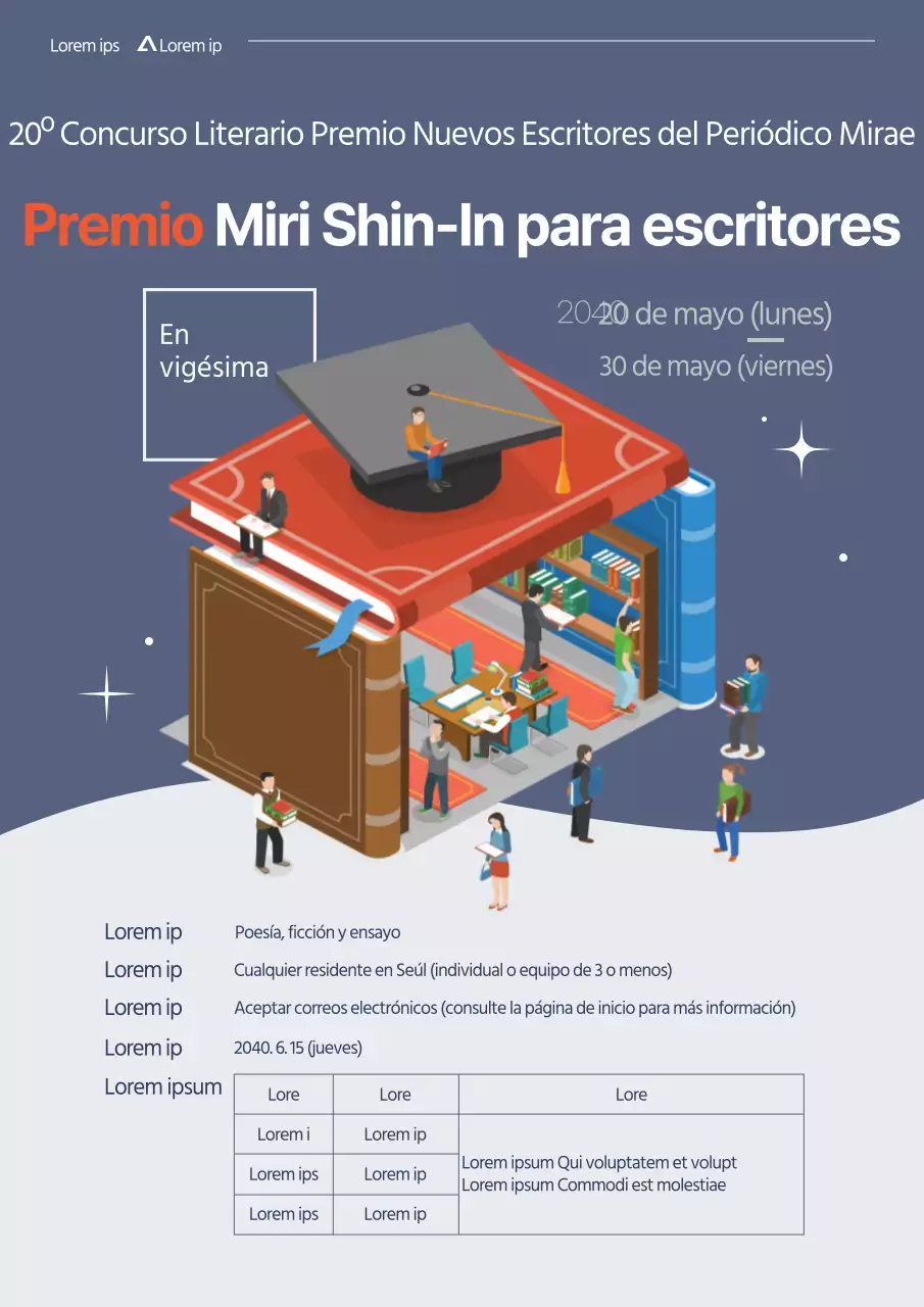 Ilustración limpia con colores apagados y rojos Documentación para la presentación de obras literarias al Premio New Writers Award.