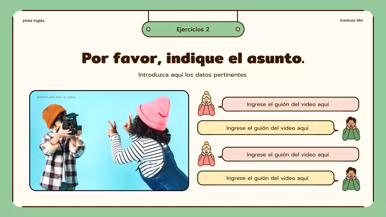 Lecciones de inglés con simpáticas ilustraciones en beige y verde