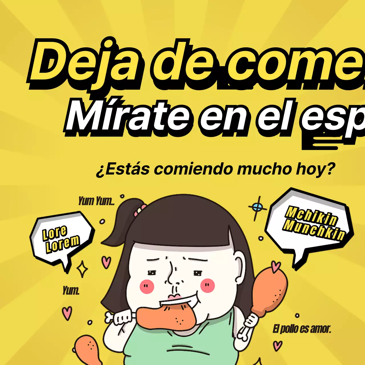 Una imagen promocional limpia, amarilla y negra de un personaje motivador de dietas.