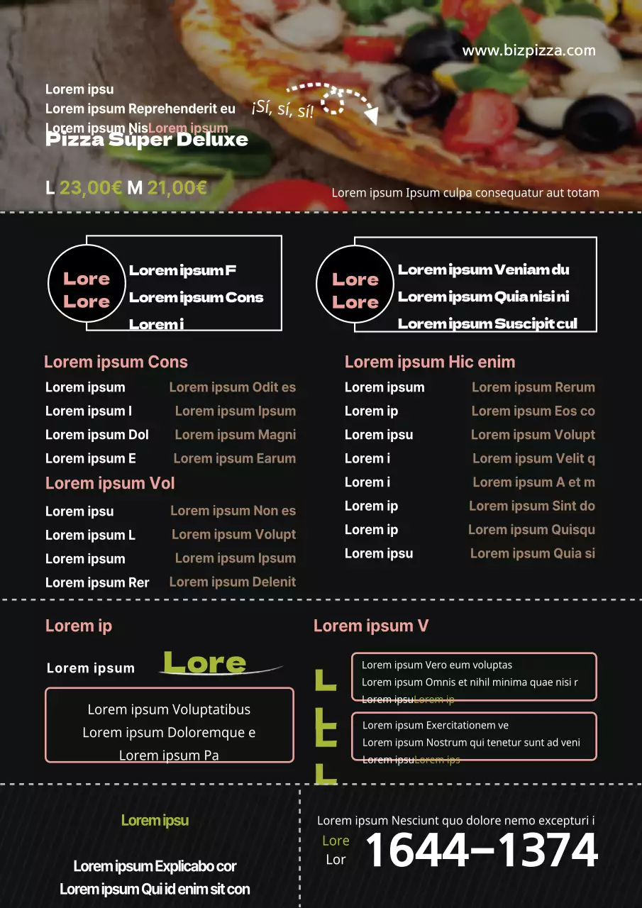 Tablero de menú de pizzería con fotos en negro