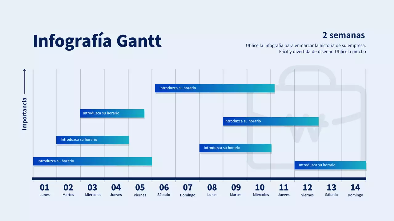 Calendario de dos semanas en azul y azul claro Plan de empresa sencillo Infografía con diagrama de Gantt