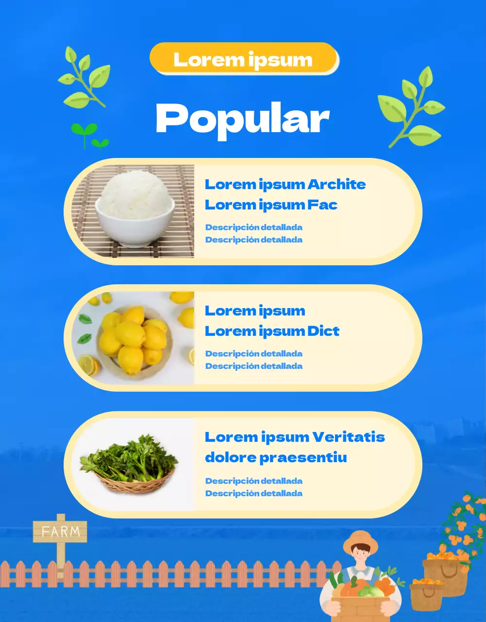 Guía de una granja de coliflores con una simpática ilustración azul y verde