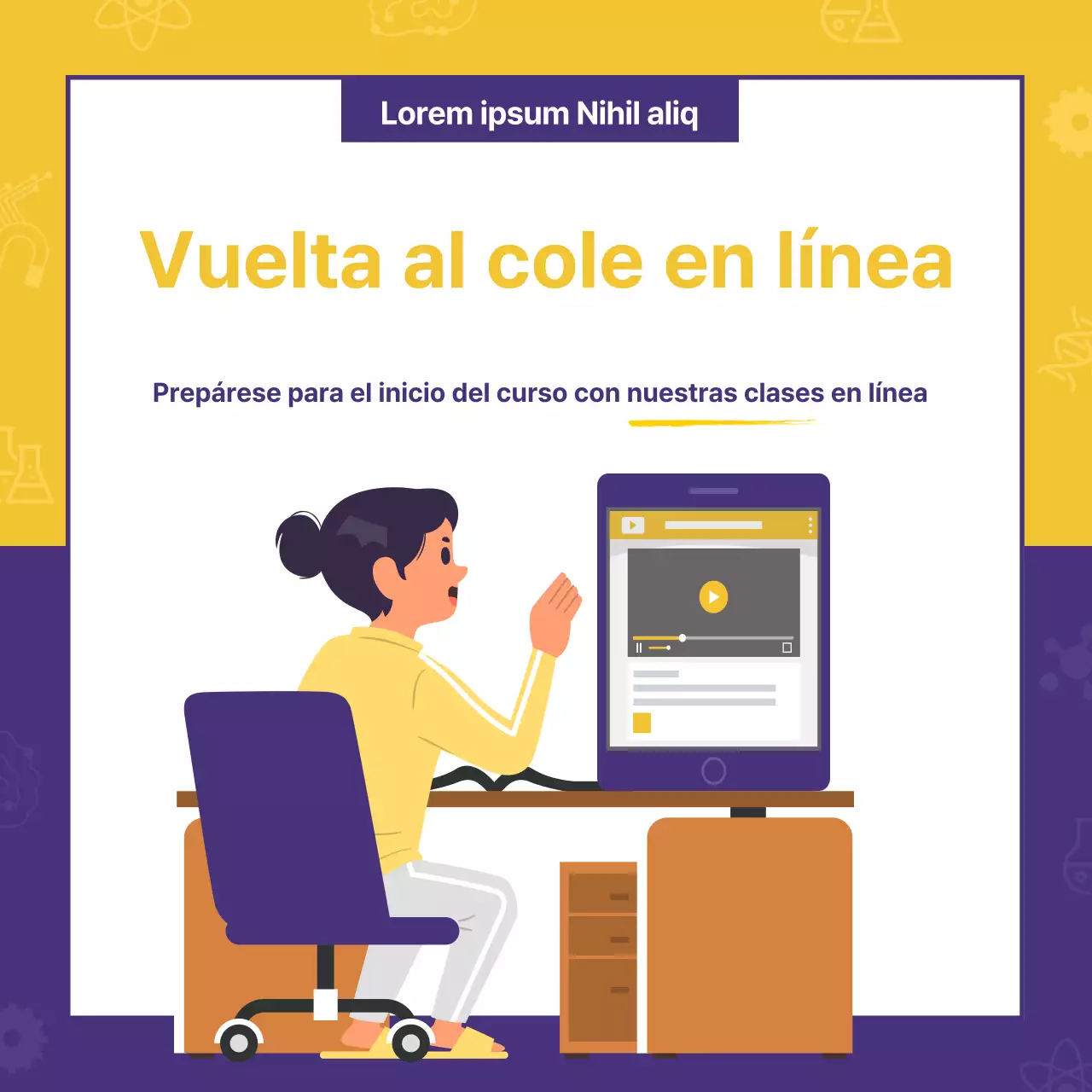 Un anuncio en línea limpio, amarillo y morado para las admisiones presenciales
