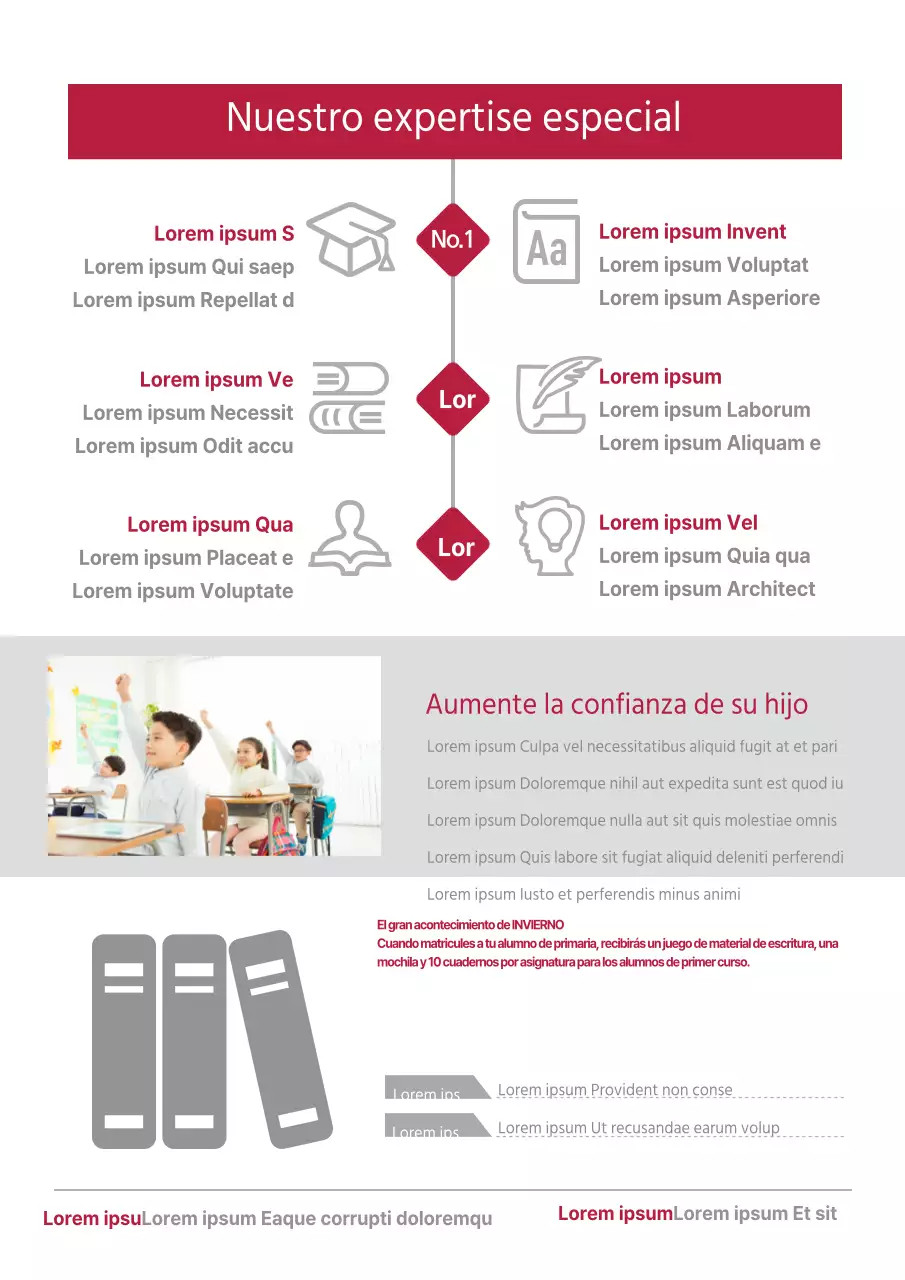 Promociona tu academia de inglés con iconos y fotos en rojo y gris