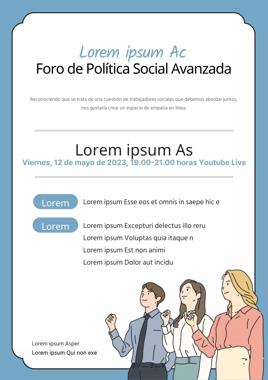 Una guía del foro del bienestar sencilla y llena de texto, con ilustraciones de personas azules y sonrientes.