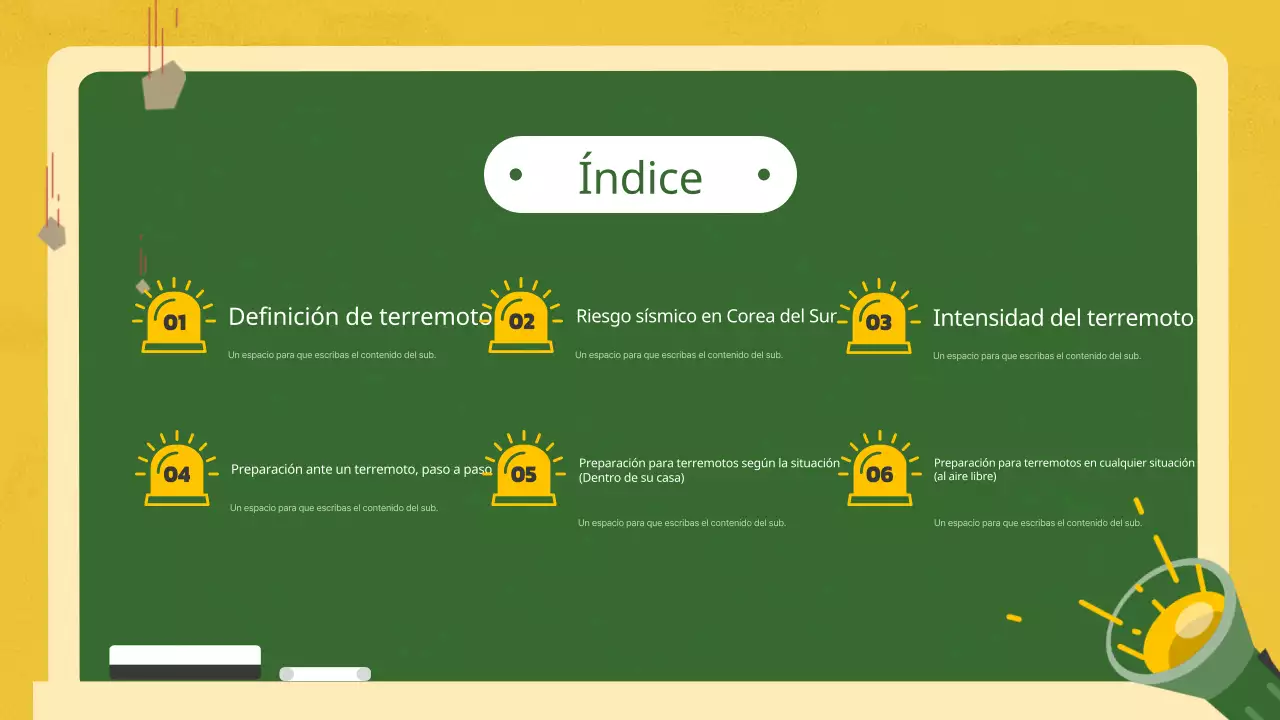 Educación sobre seguridad en caso de terremoto y catástrofe mediante ilustraciones en una pizarra amarilla y verde