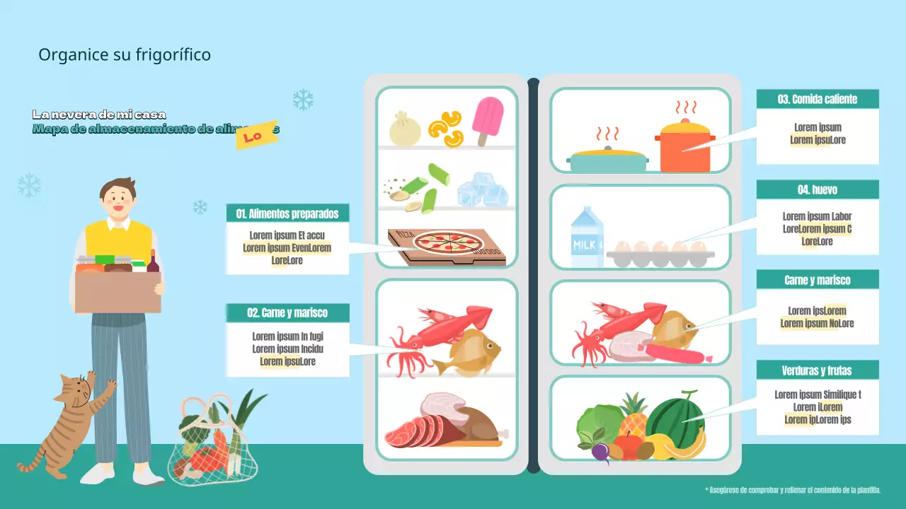 Mapa infográfico de almacenamiento de alimentos en frigoríficos con concepto de ilustración verde