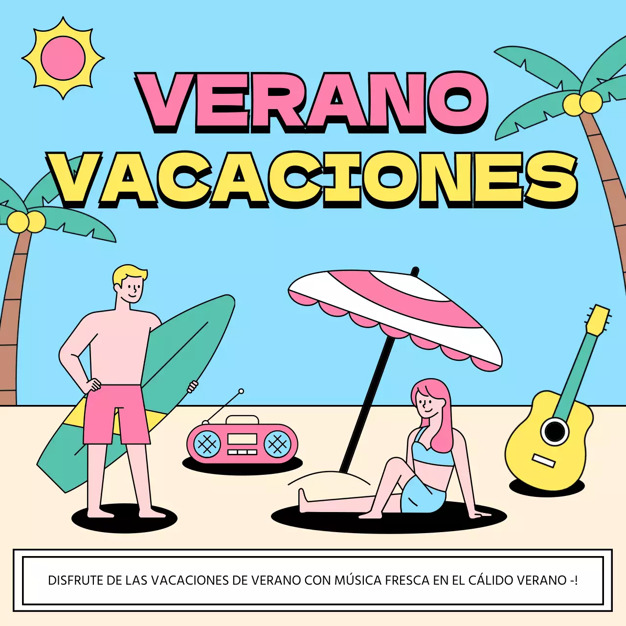 Kitschy anuncio de vacaciones de verano en amarillo y azul claro