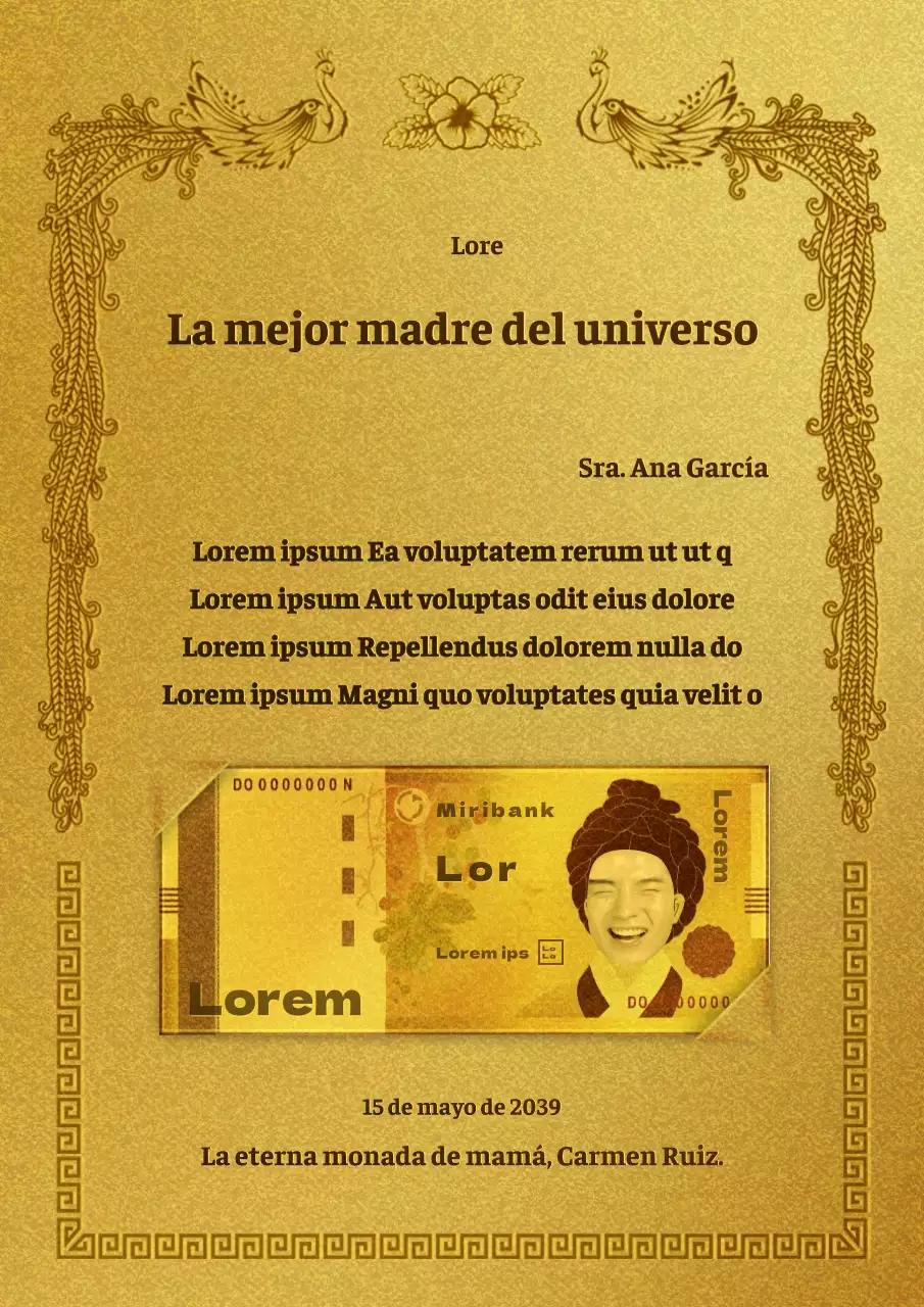 Listado y billetes del Día de la Madre con un concepto dorado y colorista