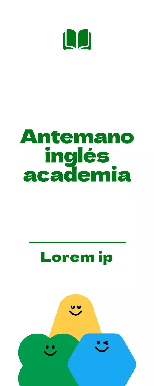 Para promocionar una escuela de inglés para alumnos de primaria con una simpática ilustración de un personaje de dibujos animados en verde y amarillo.