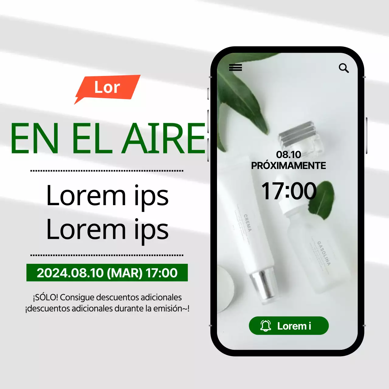 Vivir comprando cosméticos en un marco de móvil verde y negro