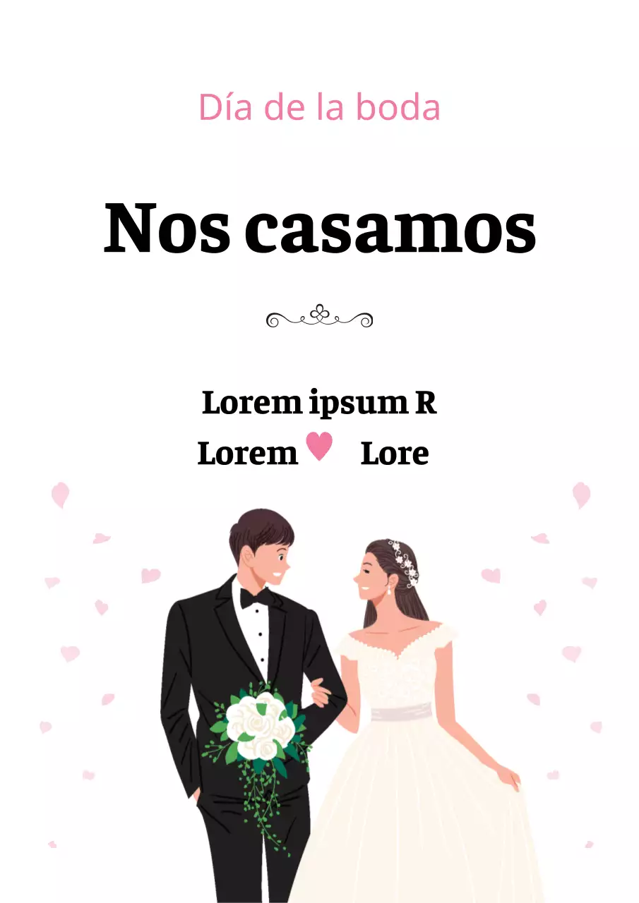 Anuncios de boda con ilustraciones rosas de felices recién casados