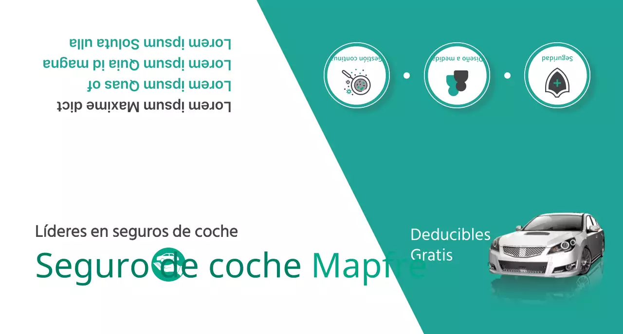 Promocionar el seguro de automóvil con fotos y pictogramas de coches en turquesa y blanco