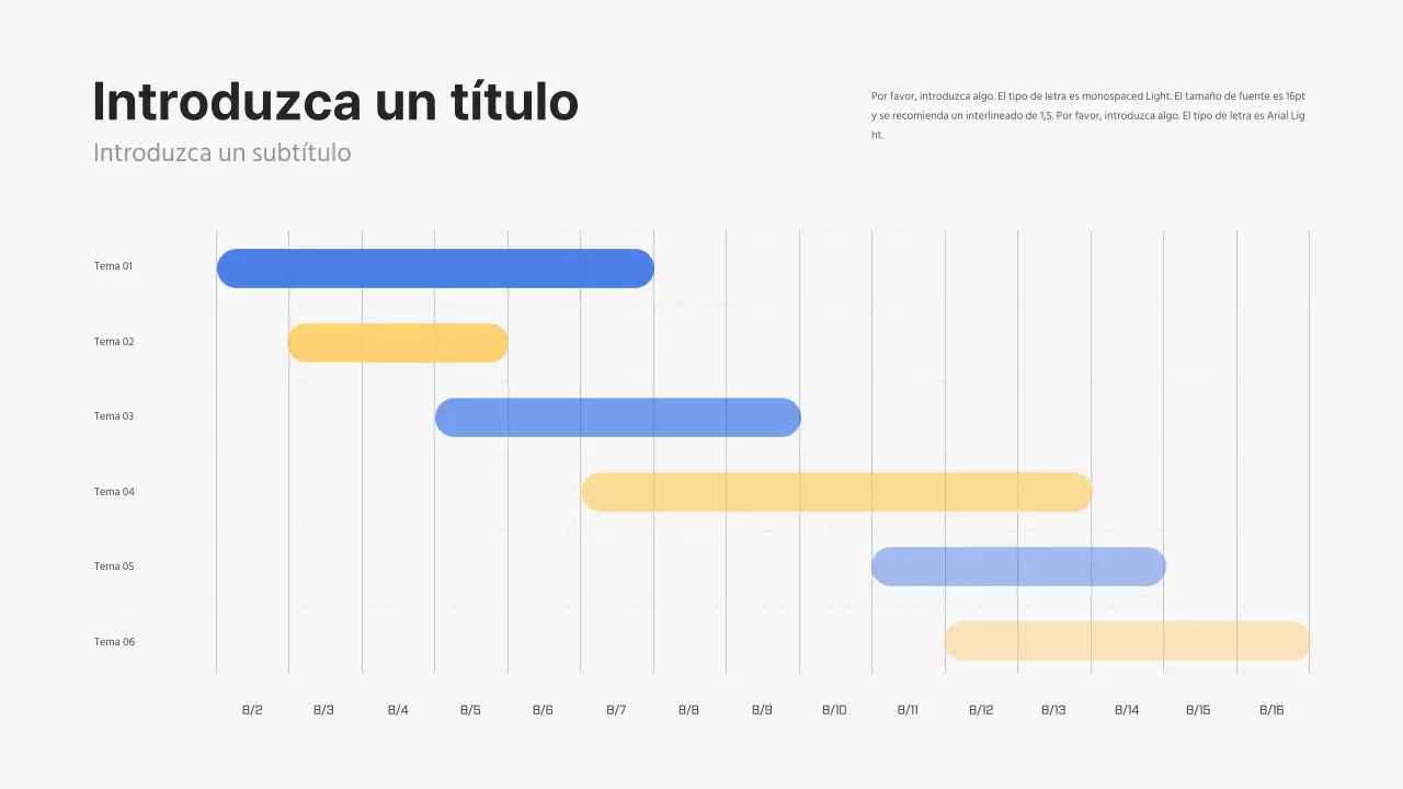 Diagrama de Gantt conceptual limpio en azul y amarillo