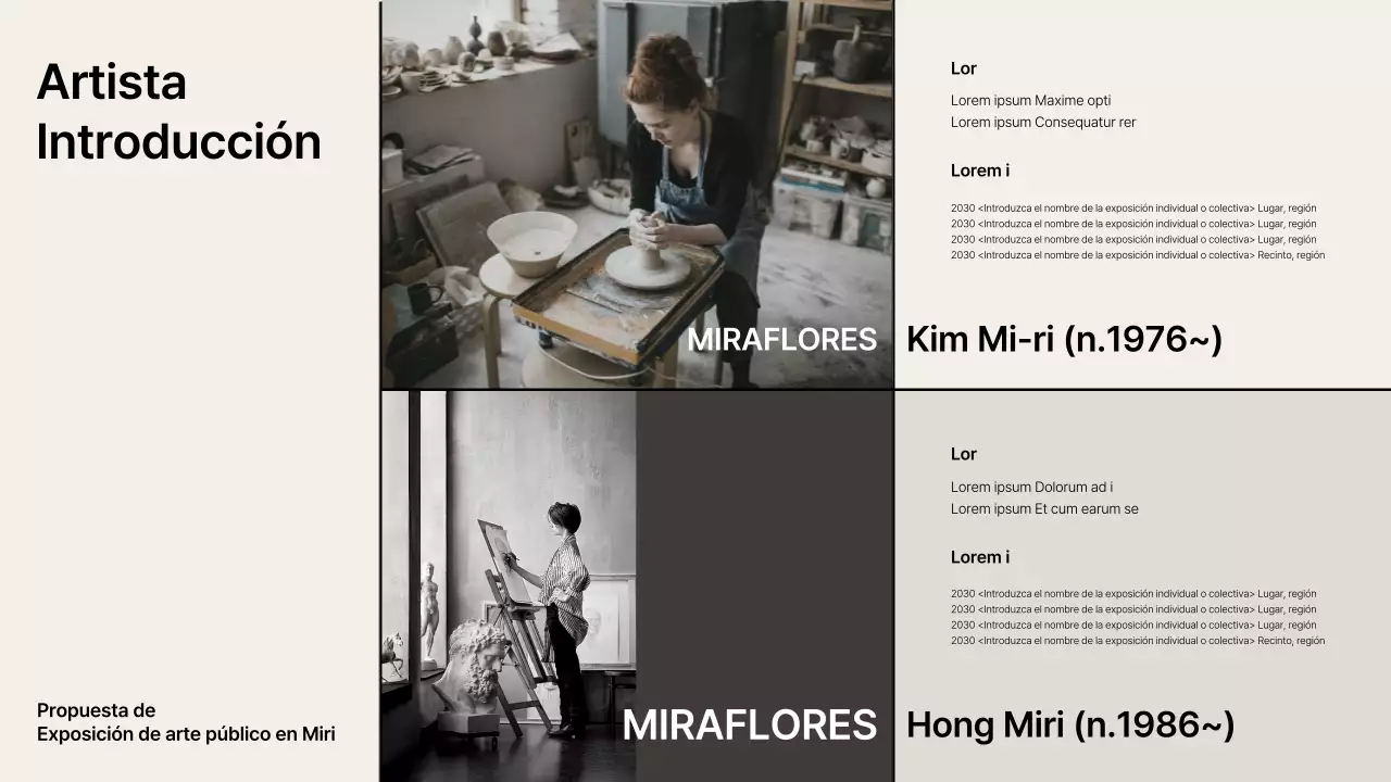 Propuesta de exposición con acentos de rejilla beige-negro