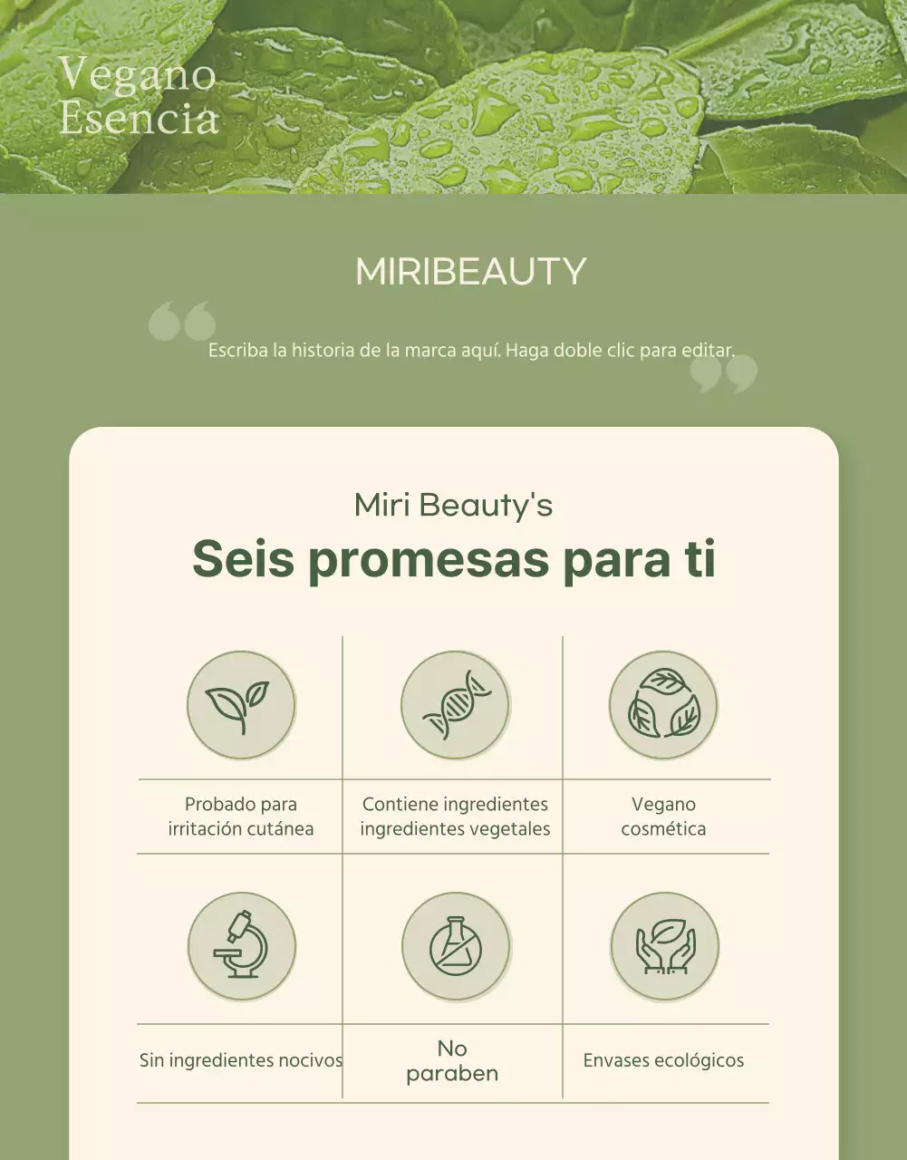 Cosméticos veganos en verde marfil detail page