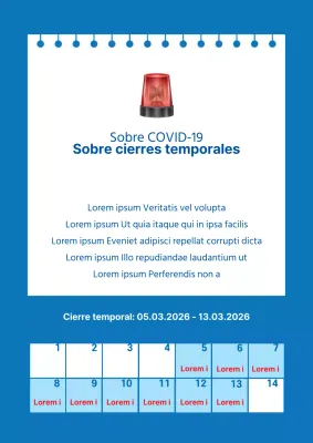 Anuncios de cierre temporal con calendario azul e ilustraciones de sirenas