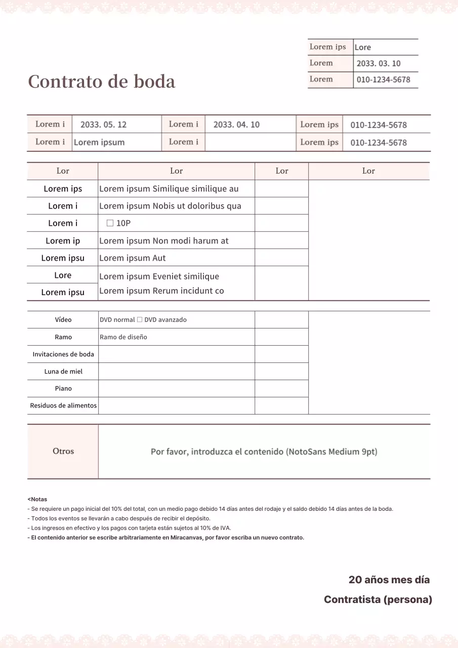 Una plantilla de contrato de boda sencilla y legible en colores pastel