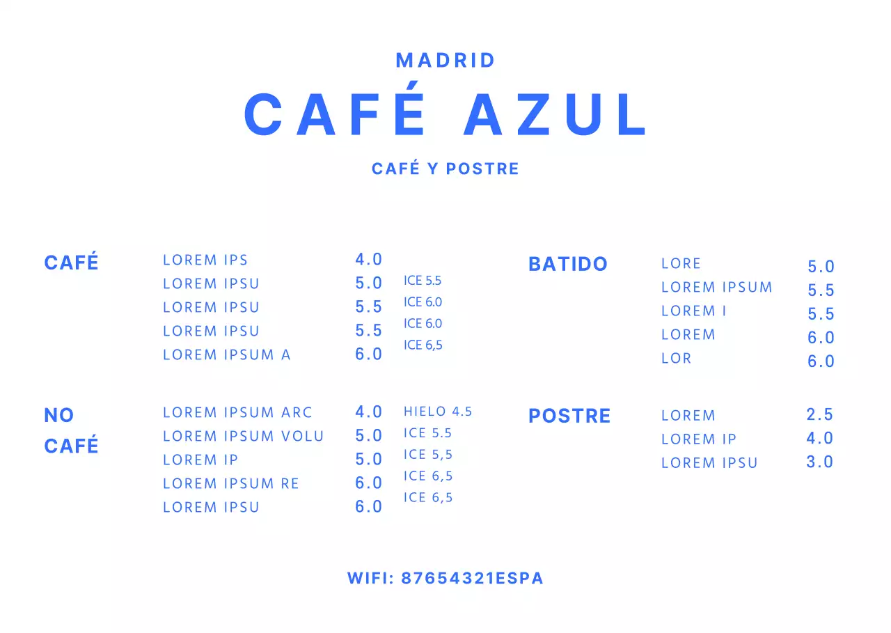 Sencillo tablero de menú de cafetería en azul Soporte acrílico para cafetería