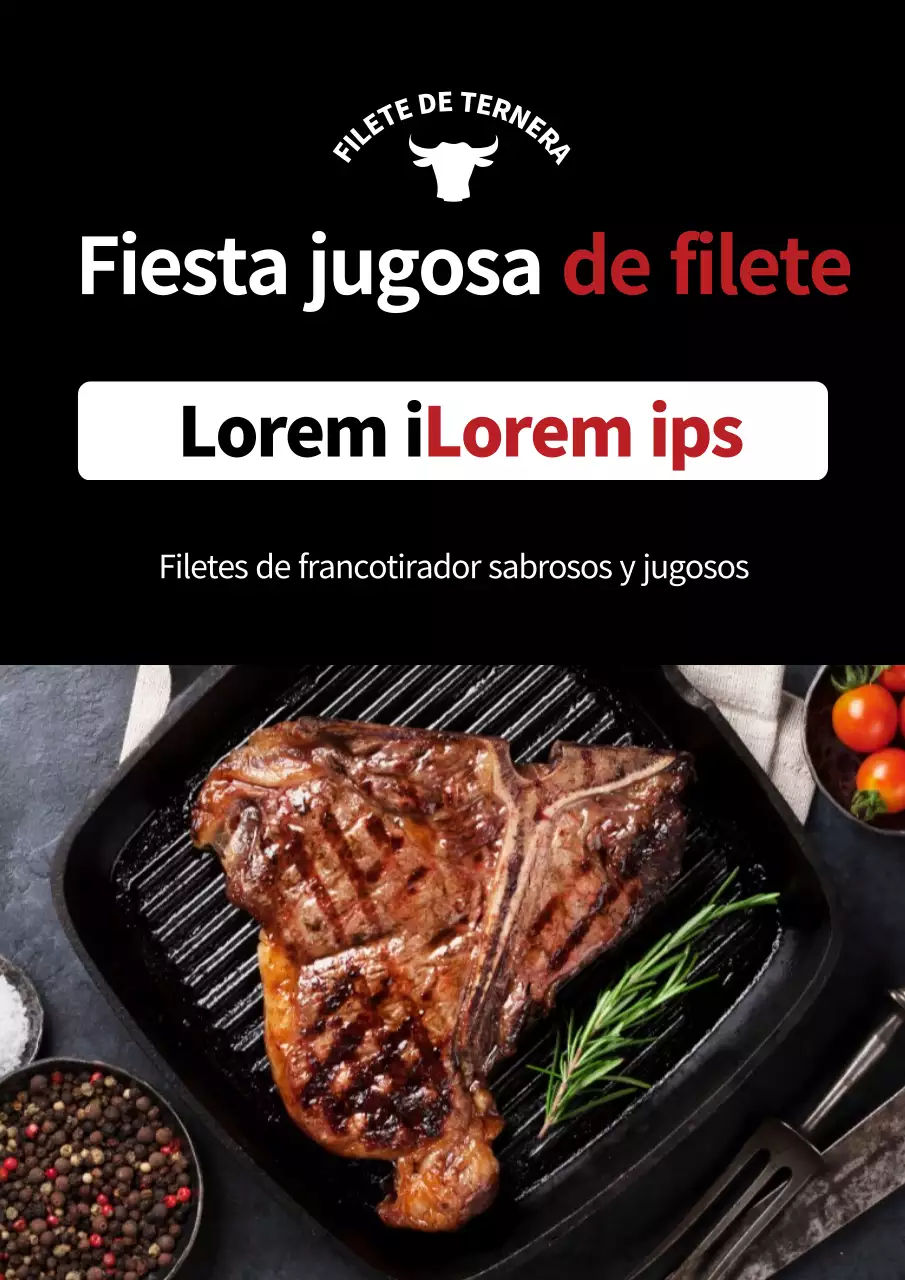 Promoción sencilla de descuento en asador con una foto en negro de un filete