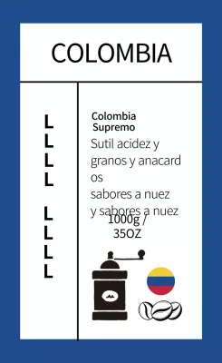 Etiqueta de granos de café con ilustración en azul