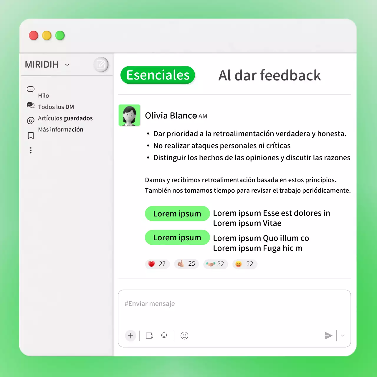 Opinión empresarial sobre un concepto de ventana de chat interna verde neón
