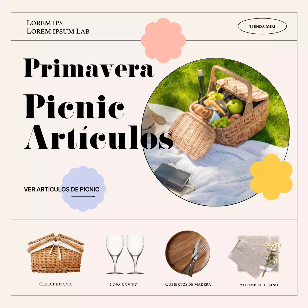 Una colección de conjuntos de picnic primaverales realzados por colores pastel y marcos