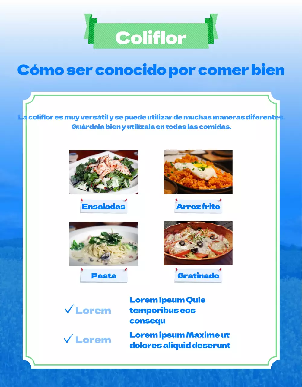 Guía de una granja de coliflores con una simpática ilustración azul y verde