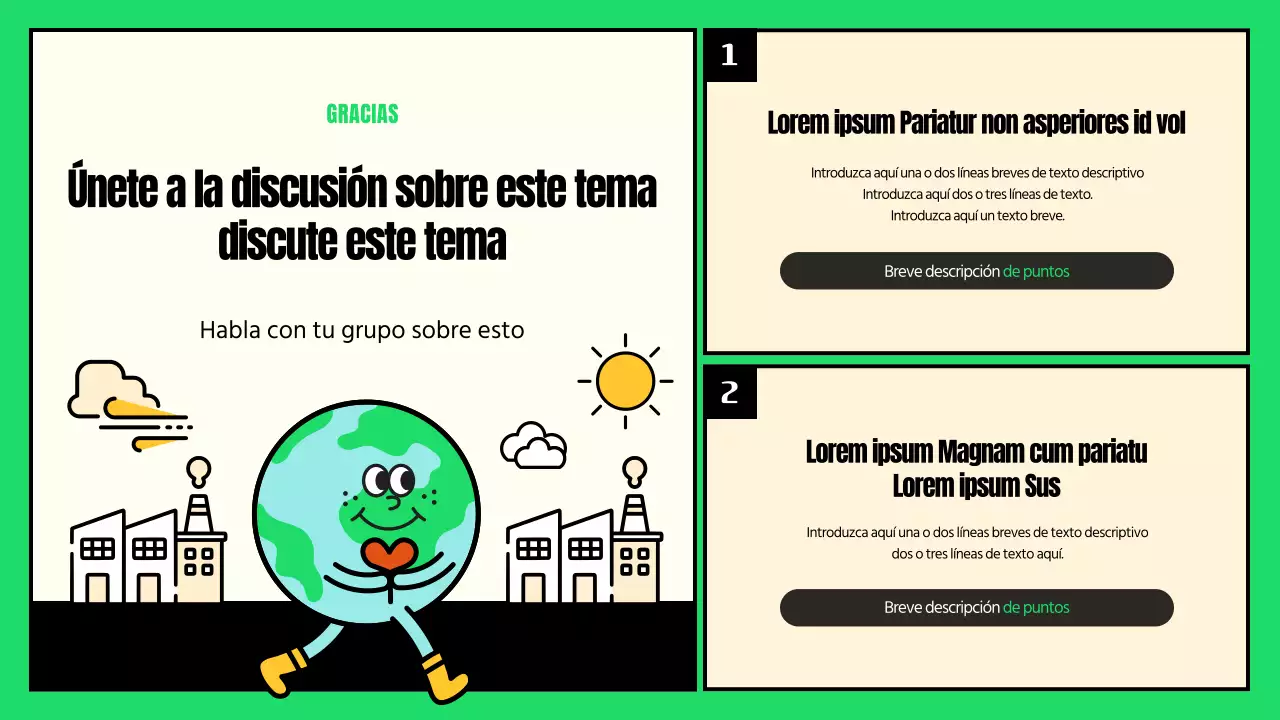 Simpáticas ilustraciones con acentos verdes y amarillos ESG y acción contra el cambio climático