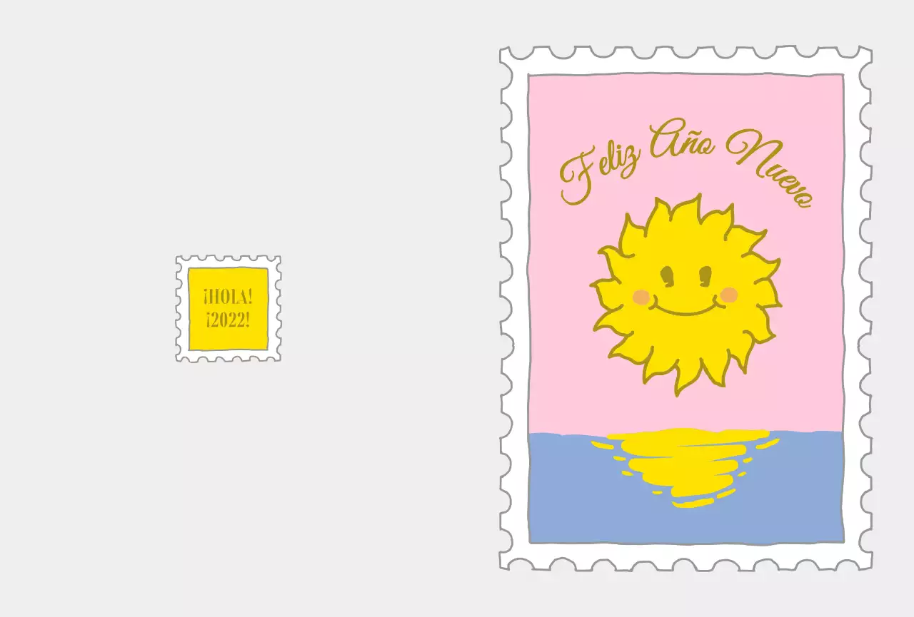 Sello de Año Nuevo con una simpática ilustración de un sol rosa y amarillo