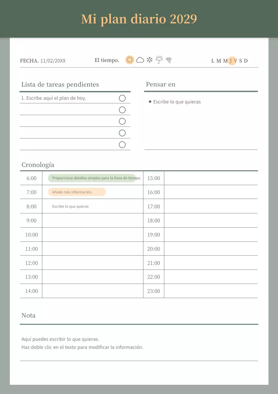 Planificador diario en verde y naranja
