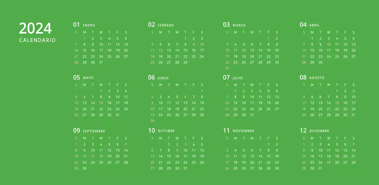 Bonito calendario de sobremesa ilustrado de temática familiar en color verde