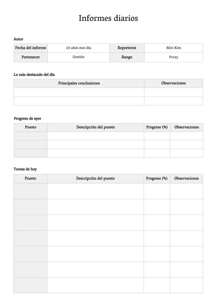 Formato básico del documento de información diaria