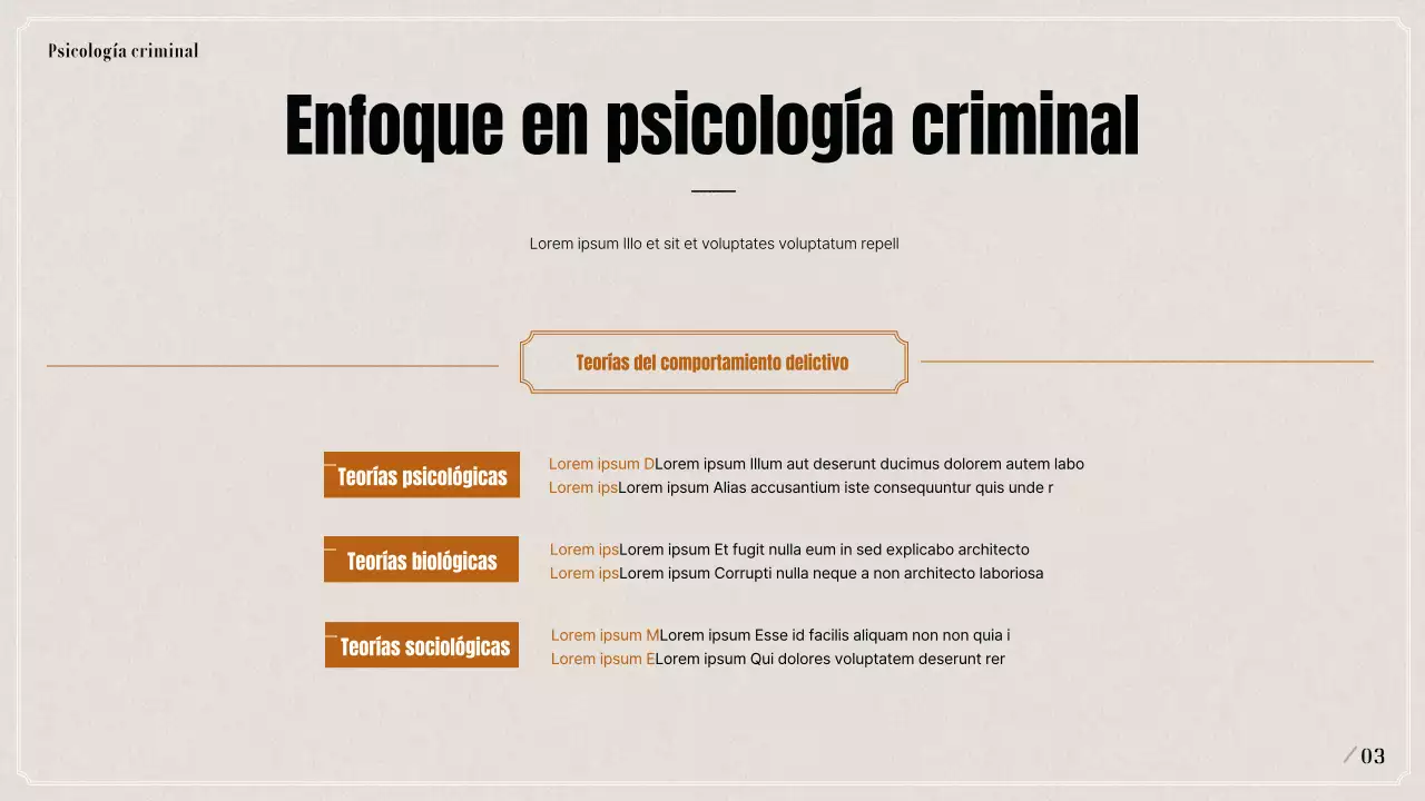 Presentación sobre perfiles psicológicos criminales en negro y beige