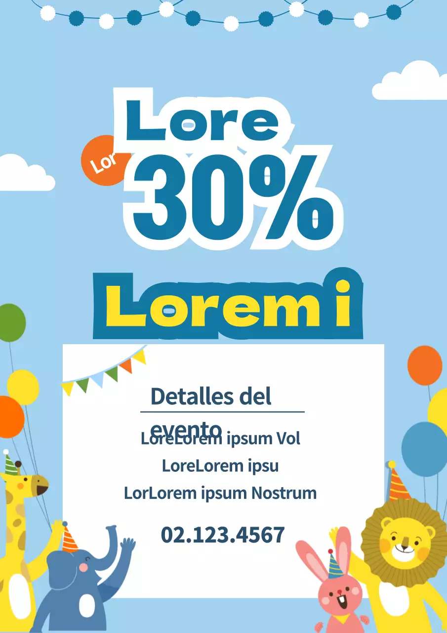 Promocione una venta para el Día del Niño con un simpático concepto con ilustraciones de animales en azul.