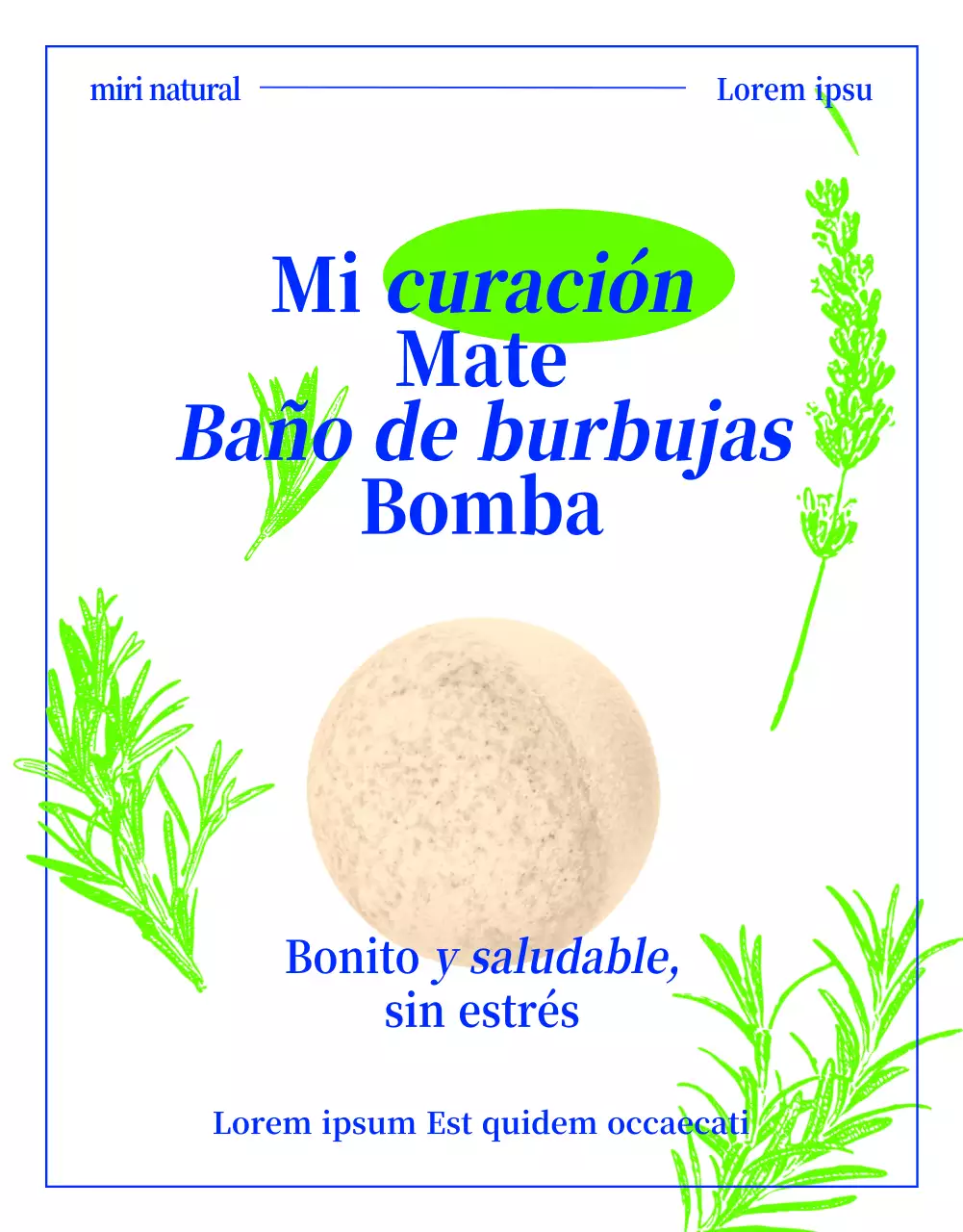 Baño de burbujas prenatural con dibujo de líneas de hierbas en verde y azul neón