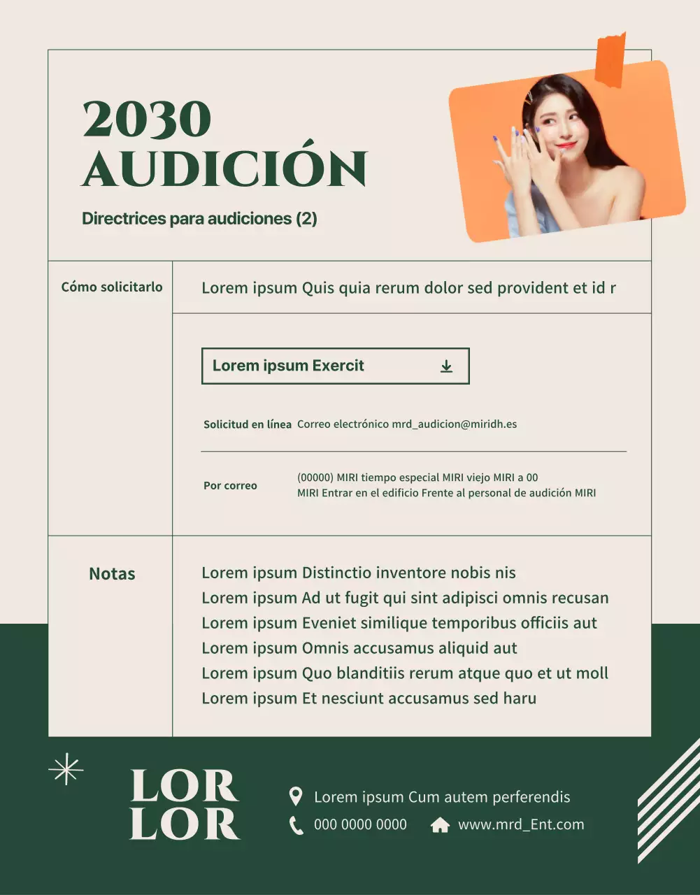 Anuncio de audición limpio, verde y beige