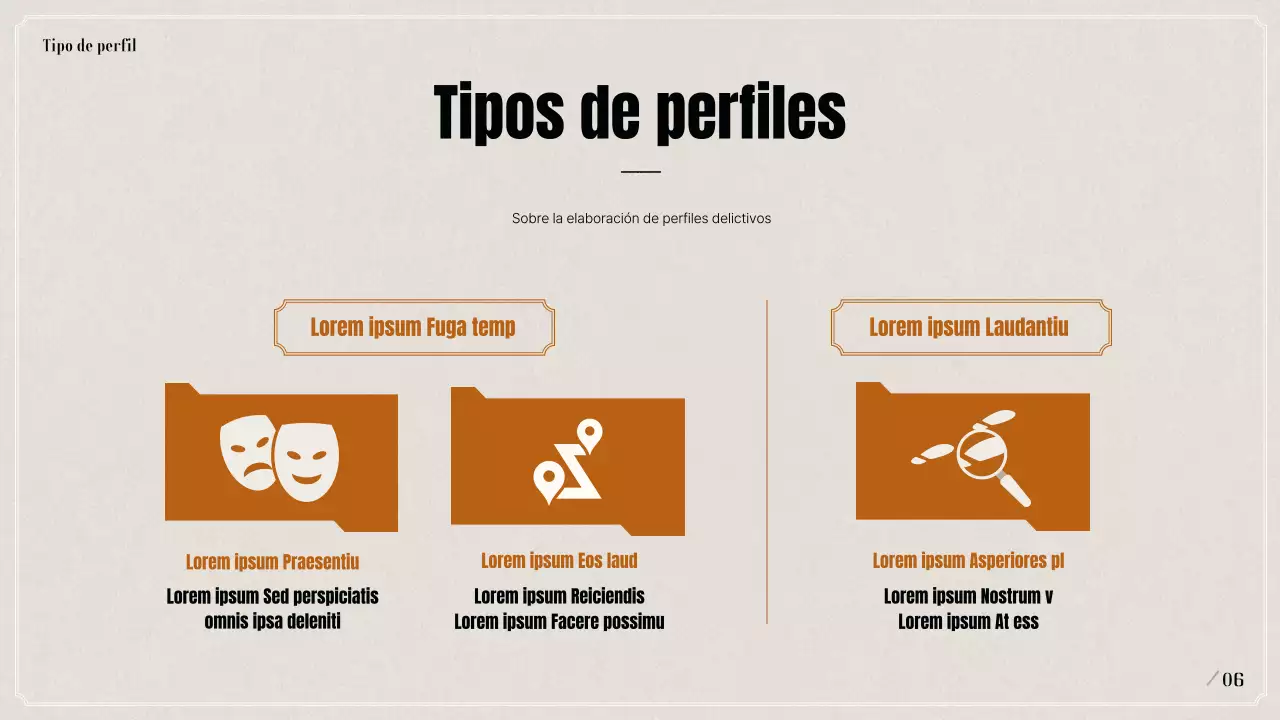 Presentación sobre perfiles psicológicos criminales en negro y beige