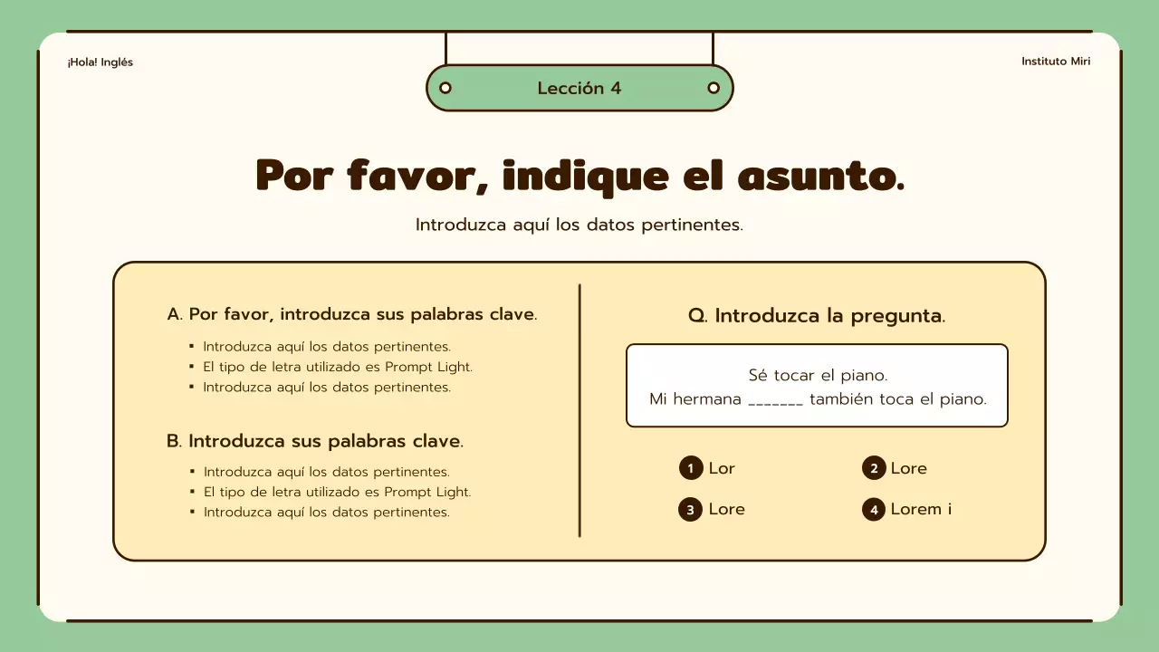 Lecciones de inglés con simpáticas ilustraciones en beige y verde