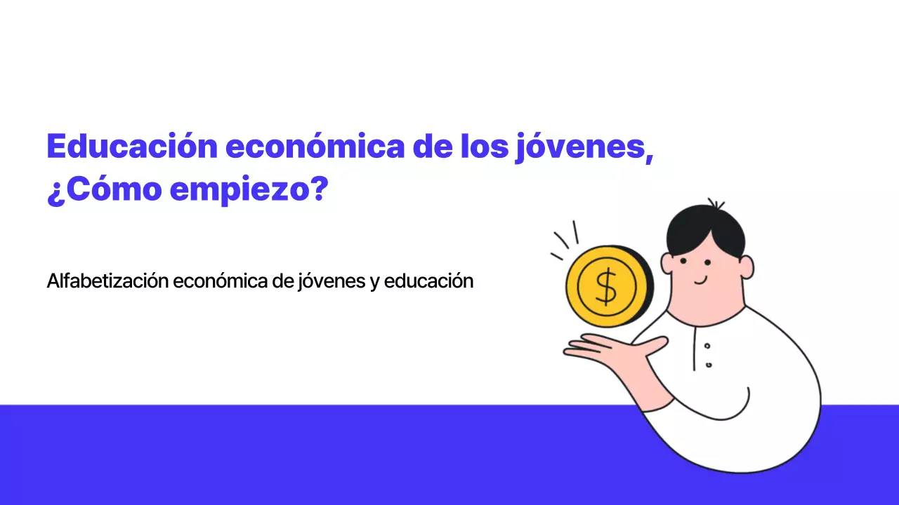 Tema ilustrado de educación económica de los jóvenes en azul y naranja