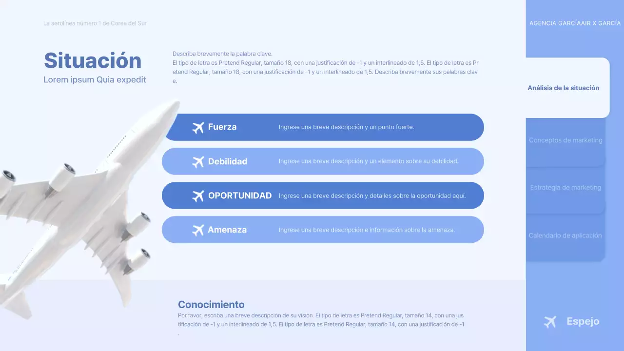 Concepto de avión tridimensional azul claro brief publicitario de aerolínea